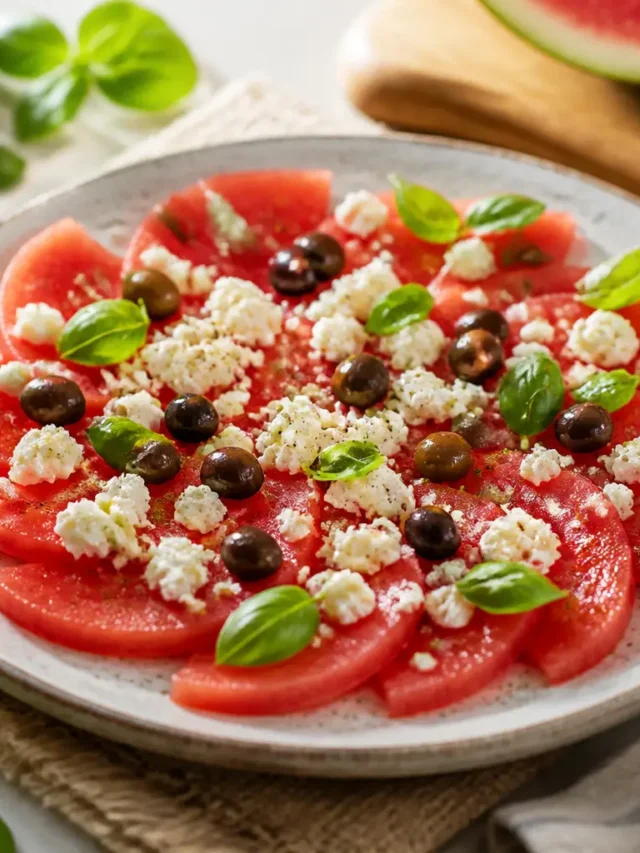 Carpaccio di anguria con feta, olive taggiasche e basilico fresco