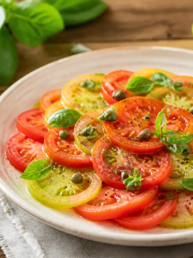 Carpaccio di pomodori con capperi, basilico e olio extravergine
