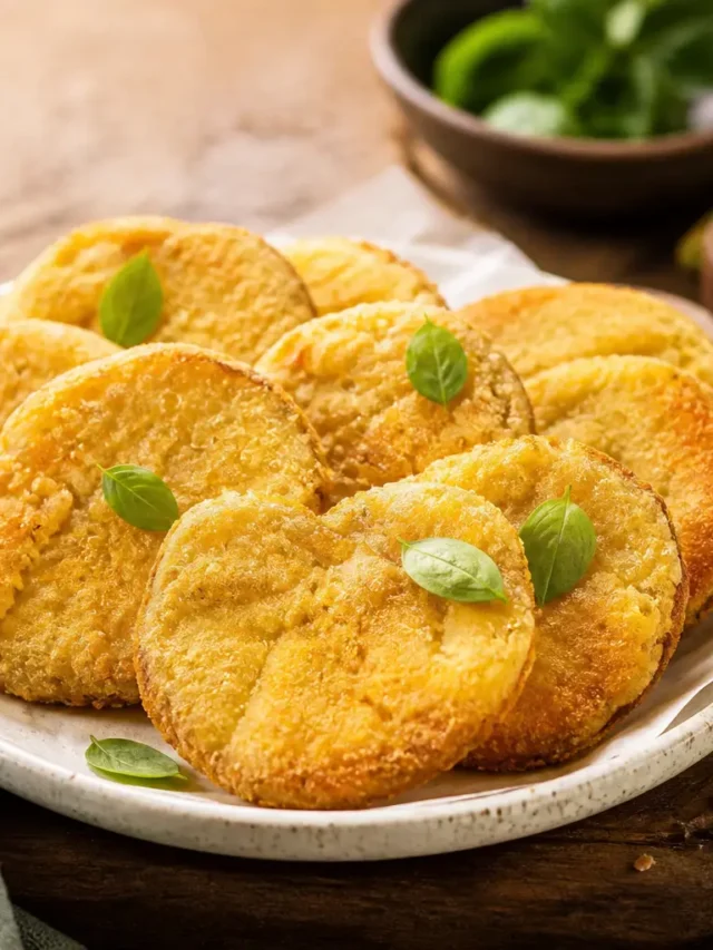 Pomodori verdi fritti leggeri dorati con basilico fresco