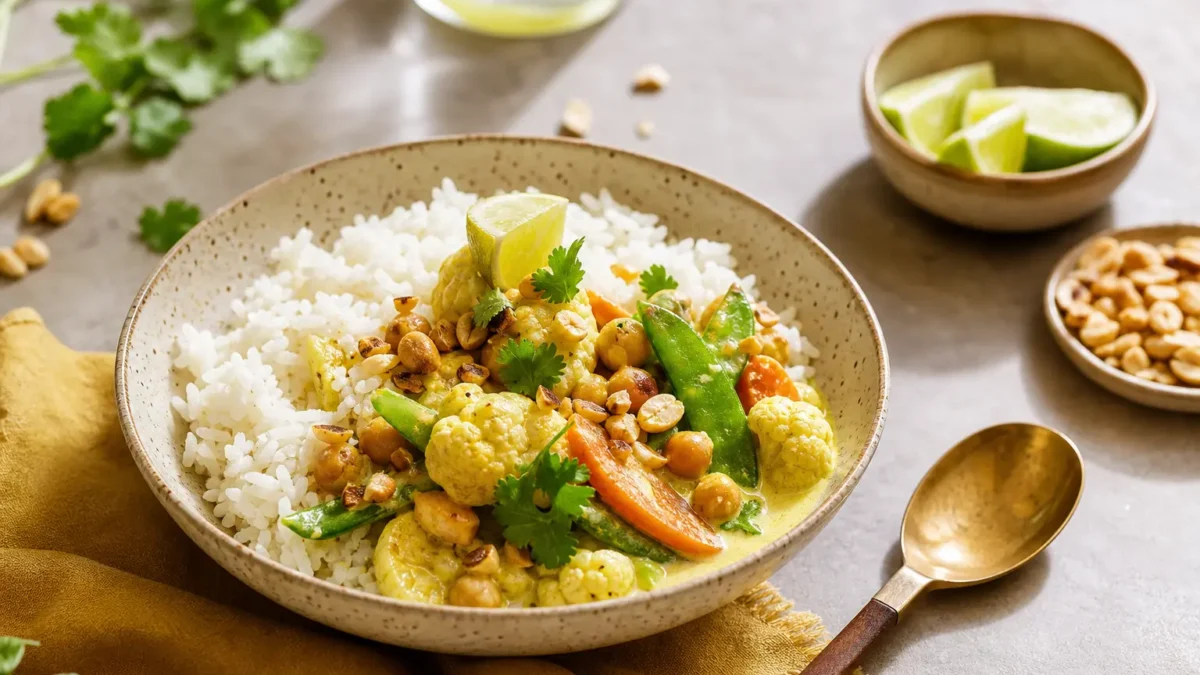 Curry di verdure con ceci e riso basmati al lime