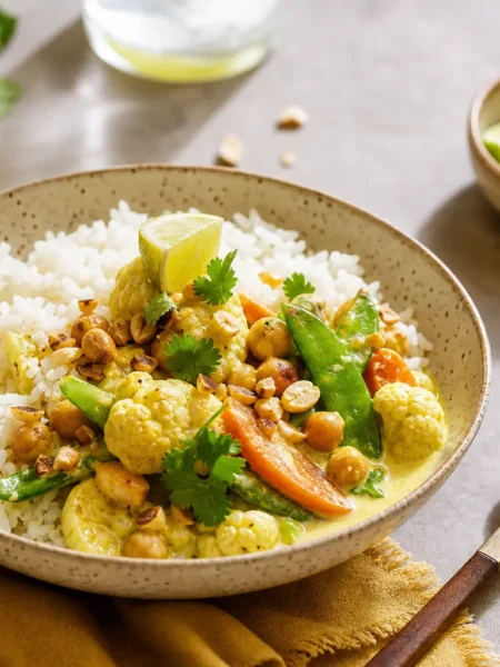 Curry di verdure con ceci e riso basmati al lime
