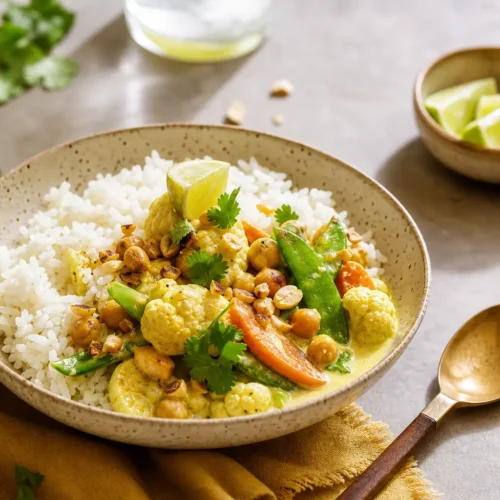Curry di verdure con ceci, riso basmati, lime e arachidi
