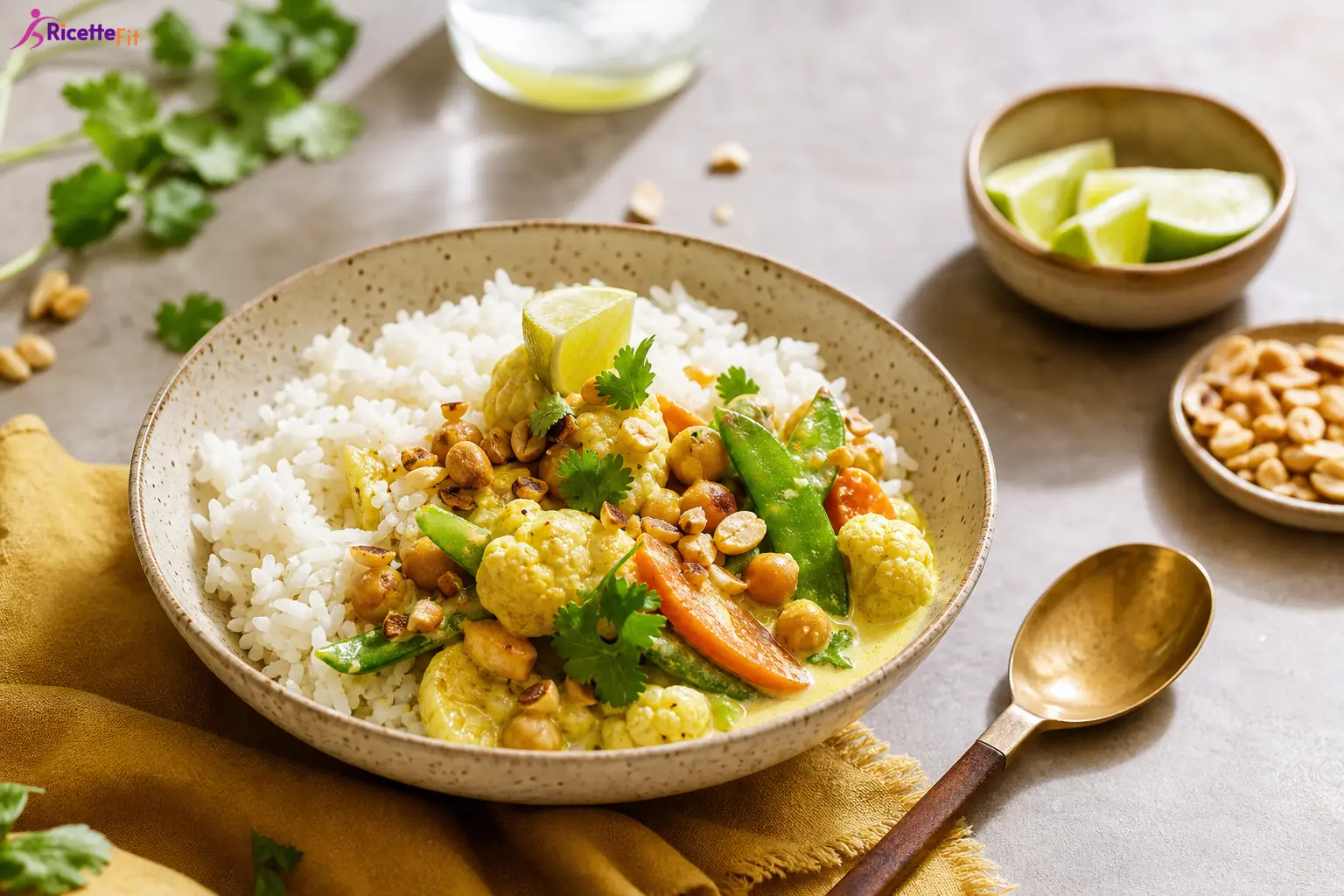 Curry di verdure con ceci, riso basmati, lime e arachidi