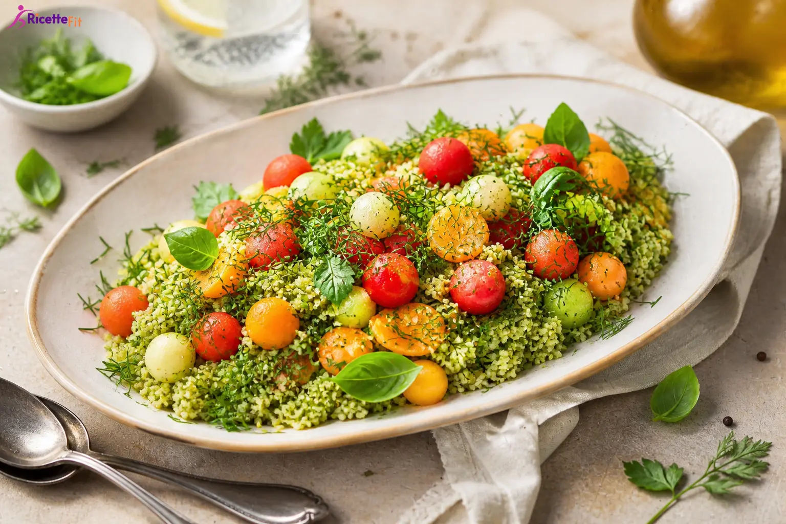 Cuscus alle erbe con anguria, melone e cetriolo