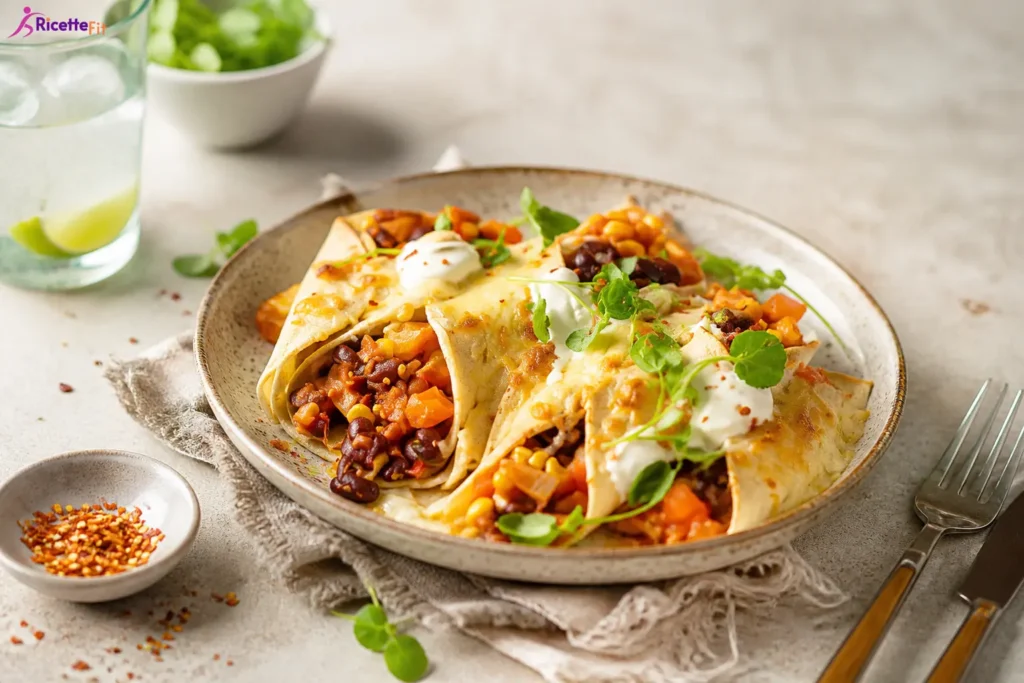 Enchilada di verdure fit con fagioli rossi, mais e salsa roja