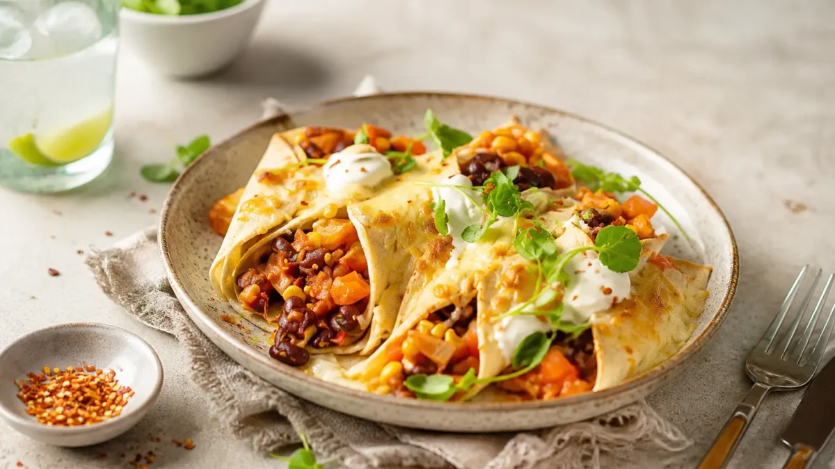 Enchilada di verdure fit con fagioli rossi, mais e salsa roja