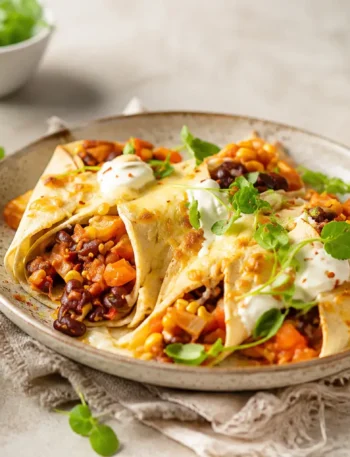 Enchilada di verdure fit con fagioli rossi, mais e salsa roja