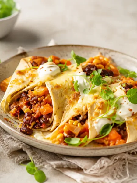 Enchilada di verdure fit con fagioli rossi, mais e salsa roja
