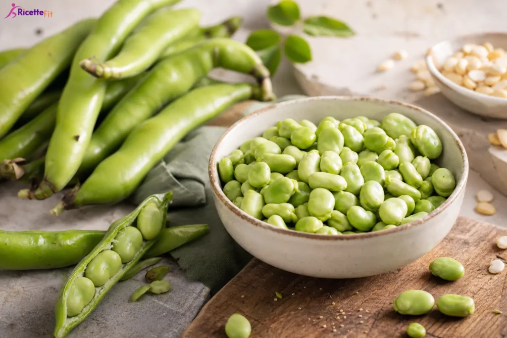 Fave fresche sgranate in ciotola con baccelli verdi
