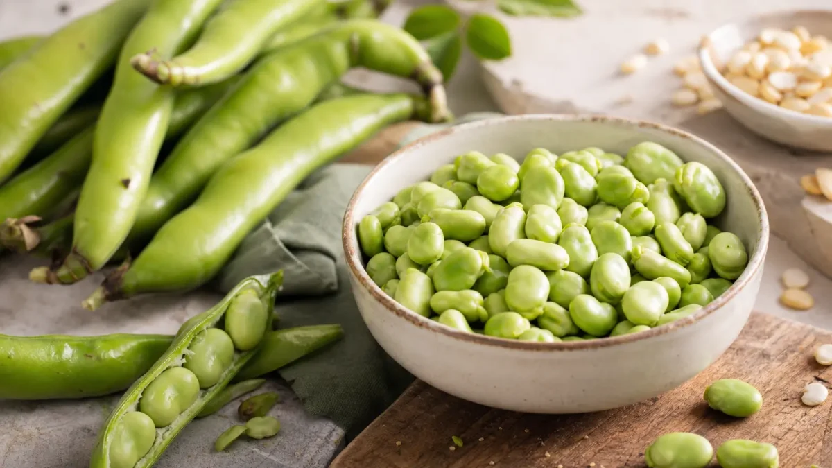 Fave fresche sgranate in ciotola con baccelli verdi