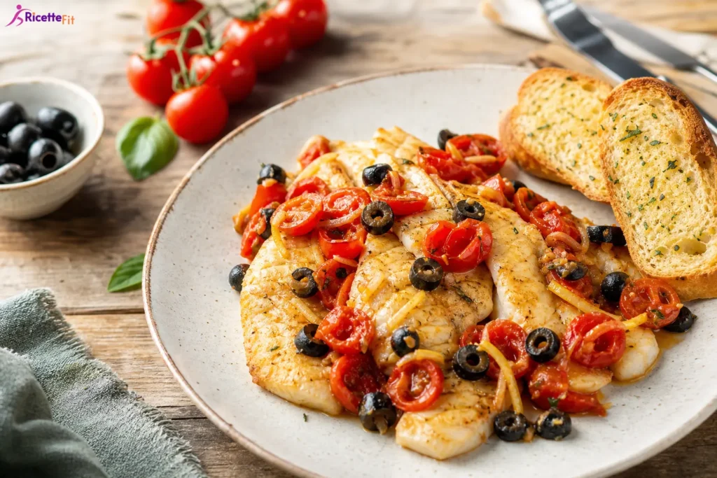 Filetto di merluzzo con olive nere, pomodorini e pane integrale tostato