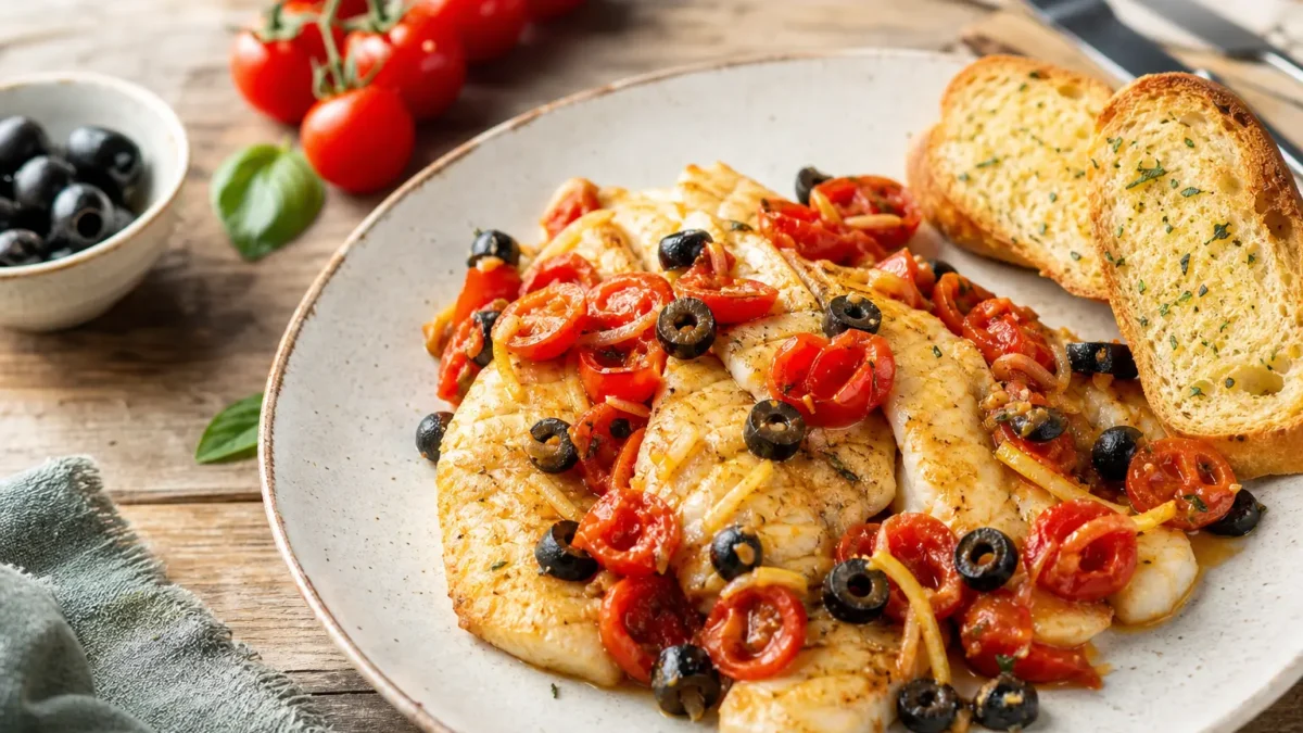 Filetto di merluzzo con olive nere, pomodorini e pane integrale tostato