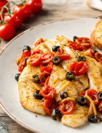 Filetto di merluzzo con olive nere, pomodorini e pane integrale tostato