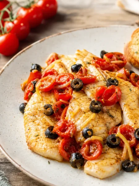 Filetto di merluzzo con olive nere, pomodorini e pane integrale tostato