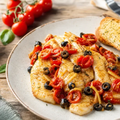 Filetto di merluzzo con olive e pomodorini
