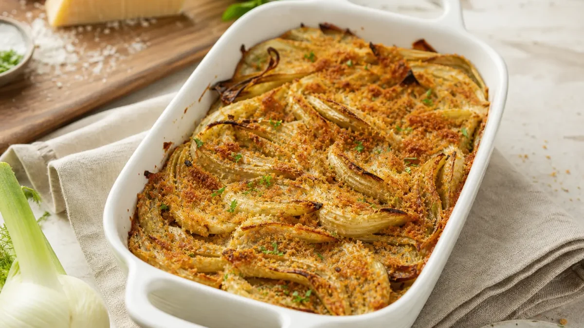 Finocchi gratinati con yogurt greco al forno in pirofila bianca