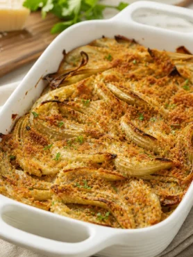 Finocchi gratinati con yogurt greco al forno in pirofila bianca