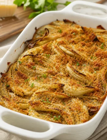 Finocchi gratinati con yogurt greco al forno in pirofila bianca