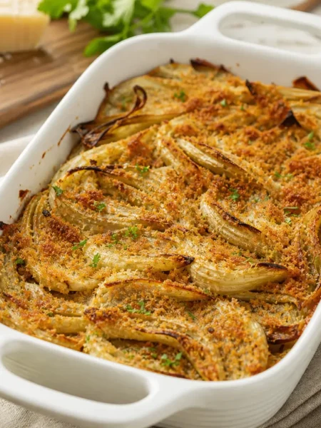 Finocchi gratinati con yogurt greco al forno in pirofila bianca