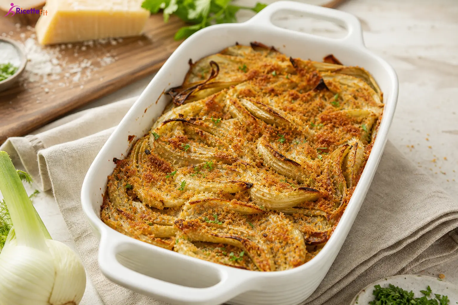 Finocchi gratinati con yogurt greco al forno in pirofila bianca