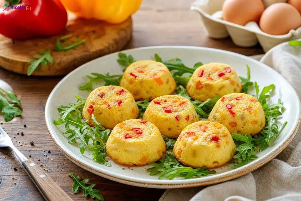 Flan fit di peperoni con rucola serviti su piatto bianco