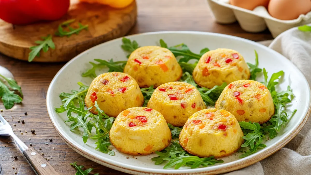 Flan fit di peperoni con rucola serviti su piatto bianco