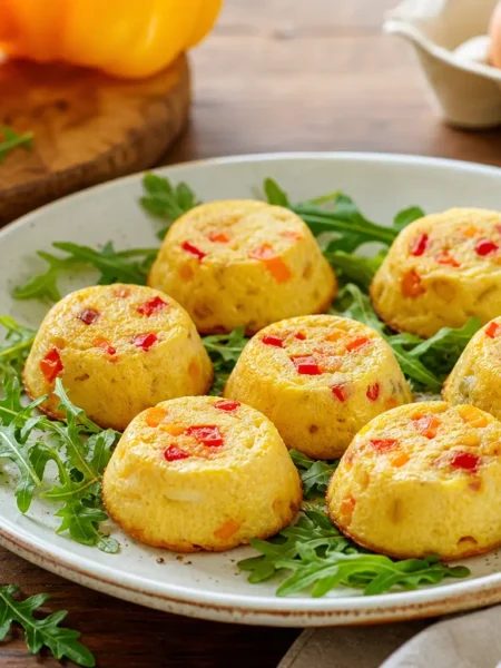 Flan fit di peperoni con rucola serviti su piatto bianco