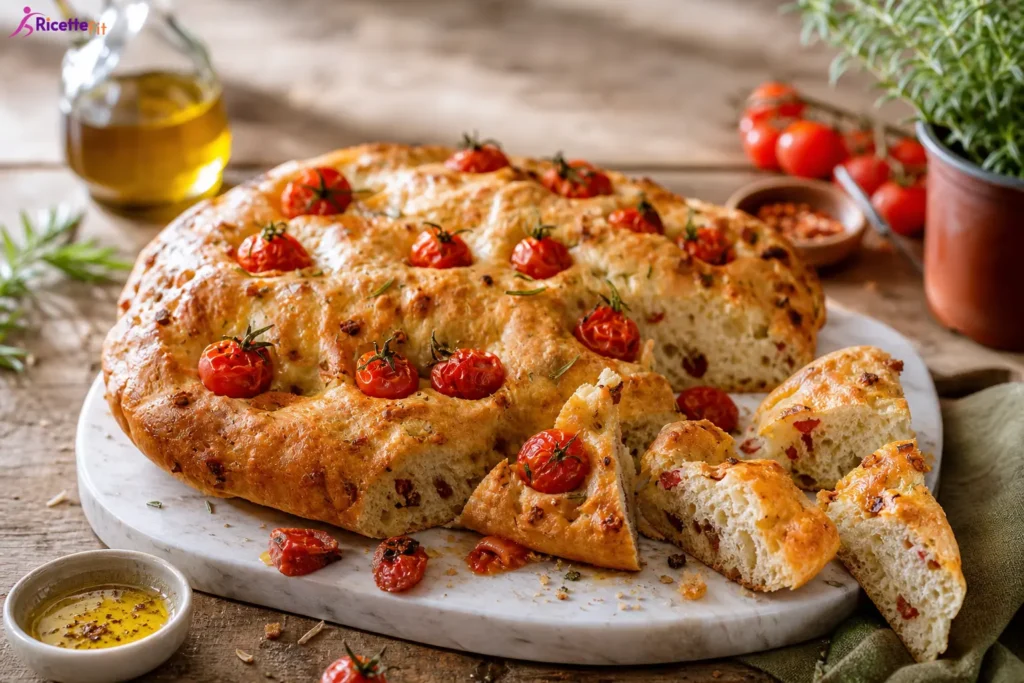 Focaccia al salame con pomodorini e rosmarino tagliata a spicchi