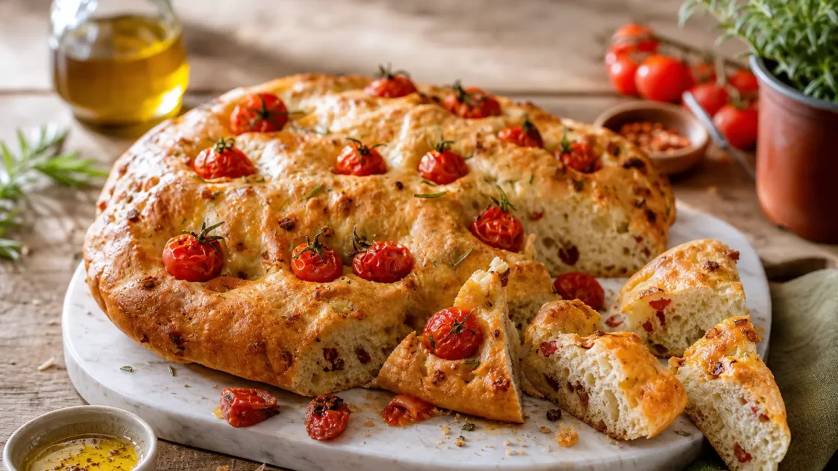 Focaccia al salame con pomodorini e rosmarino tagliata a spicchi