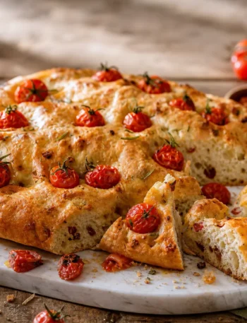 Focaccia al salame con pomodorini e rosmarino tagliata a spicchi