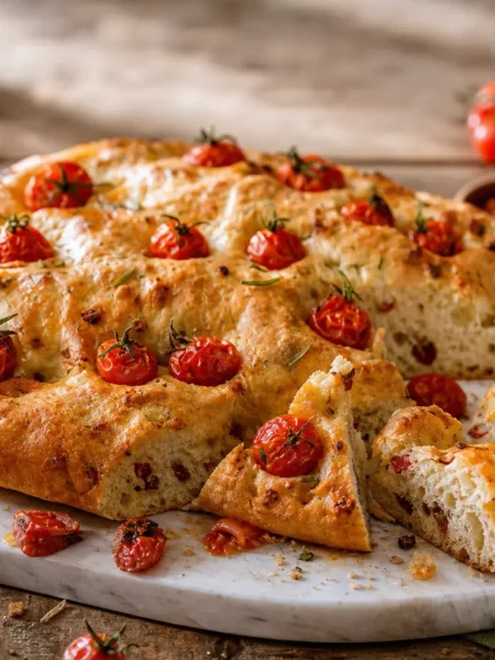 Focaccia al salame con pomodorini e rosmarino tagliata a spicchi
