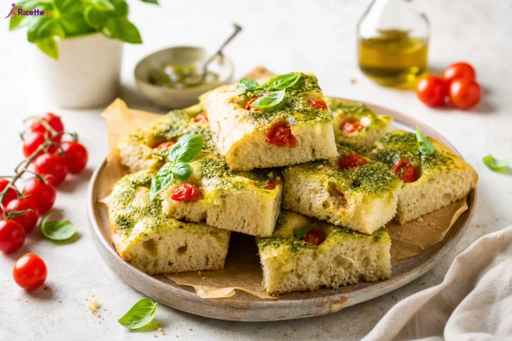 Focaccia fit con pesto leggero, pomodorini e basilico fresco