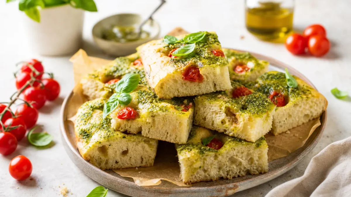 Focaccia fit con pesto leggero, pomodorini e basilico fresco
