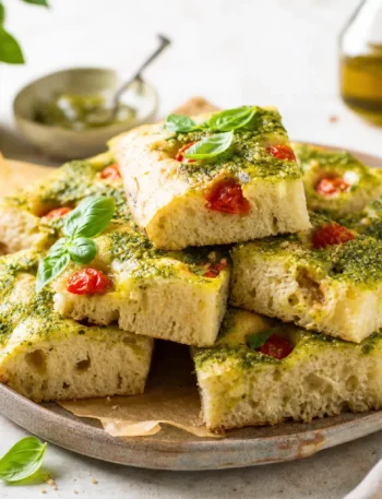 Focaccia fit con pesto leggero, pomodorini e basilico fresco
