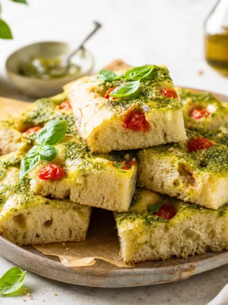 Focaccia fit con pesto leggero, pomodorini e basilico fresco