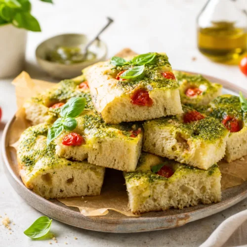 Focaccia con pesto leggero e pomodorini