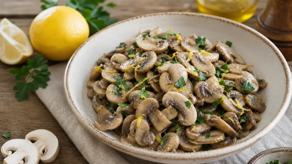 Funghi champignon trifolati con prezzemolo e scorza di limone