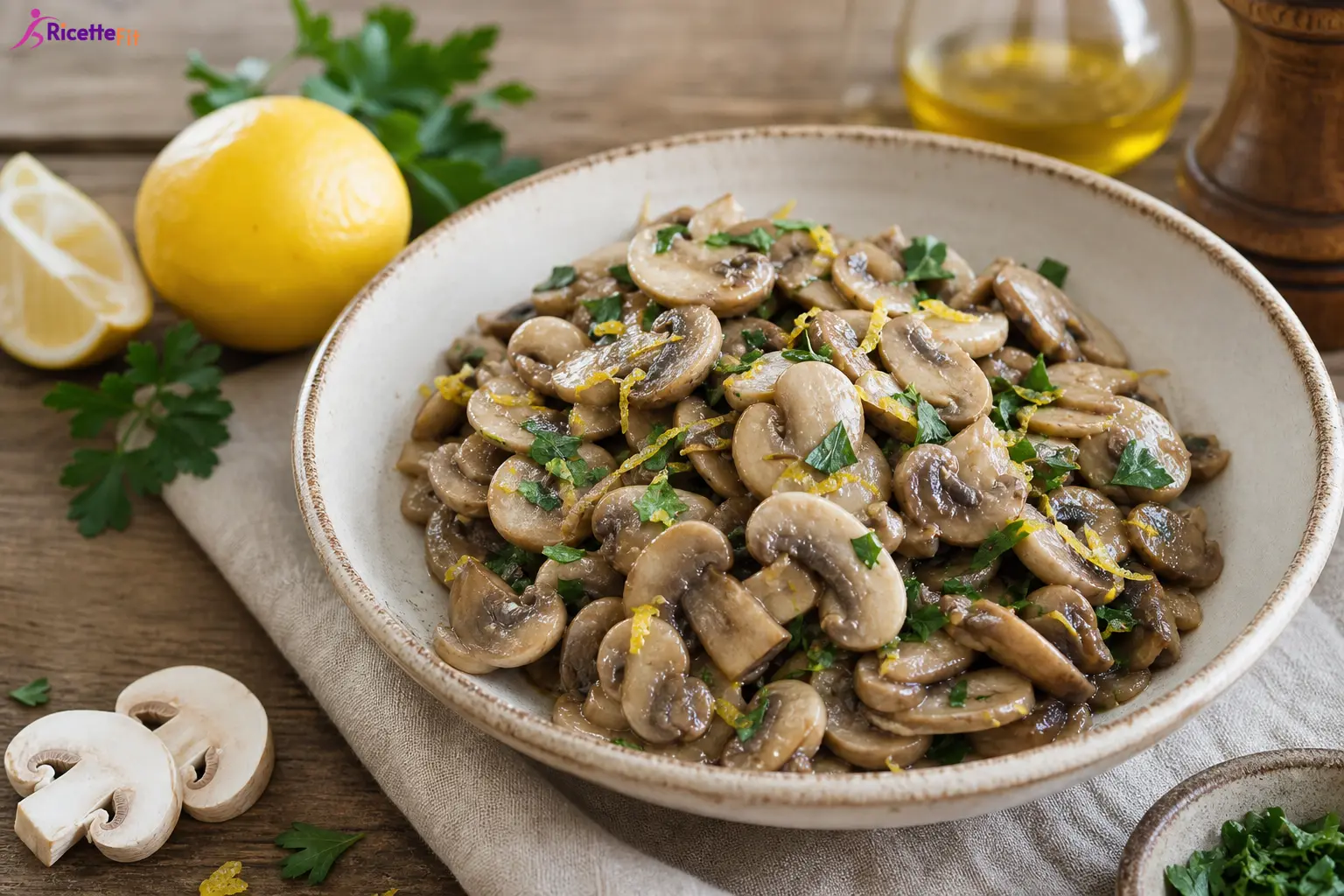 Funghi champignon trifolati con prezzemolo e scorza di limone