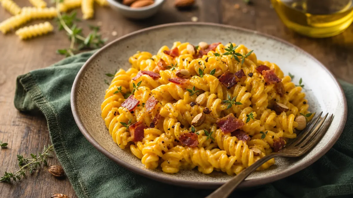 Fusilli integrali con crema di carote e ricotta, speck croccante e mandorle