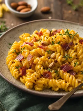 Fusilli integrali con crema di carote e ricotta, speck croccante e mandorle