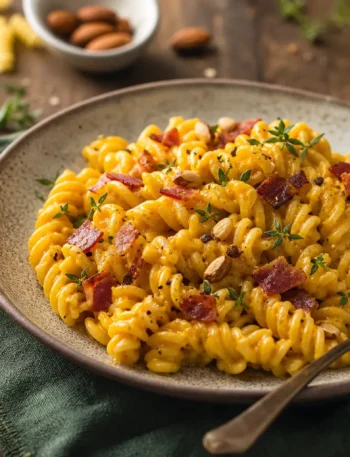 Fusilli integrali con crema di carote e ricotta, speck croccante e mandorle
