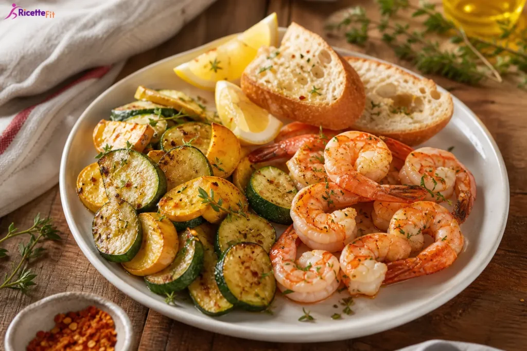 Gamberetti piccanti al forno con zucchine, limone e crostini