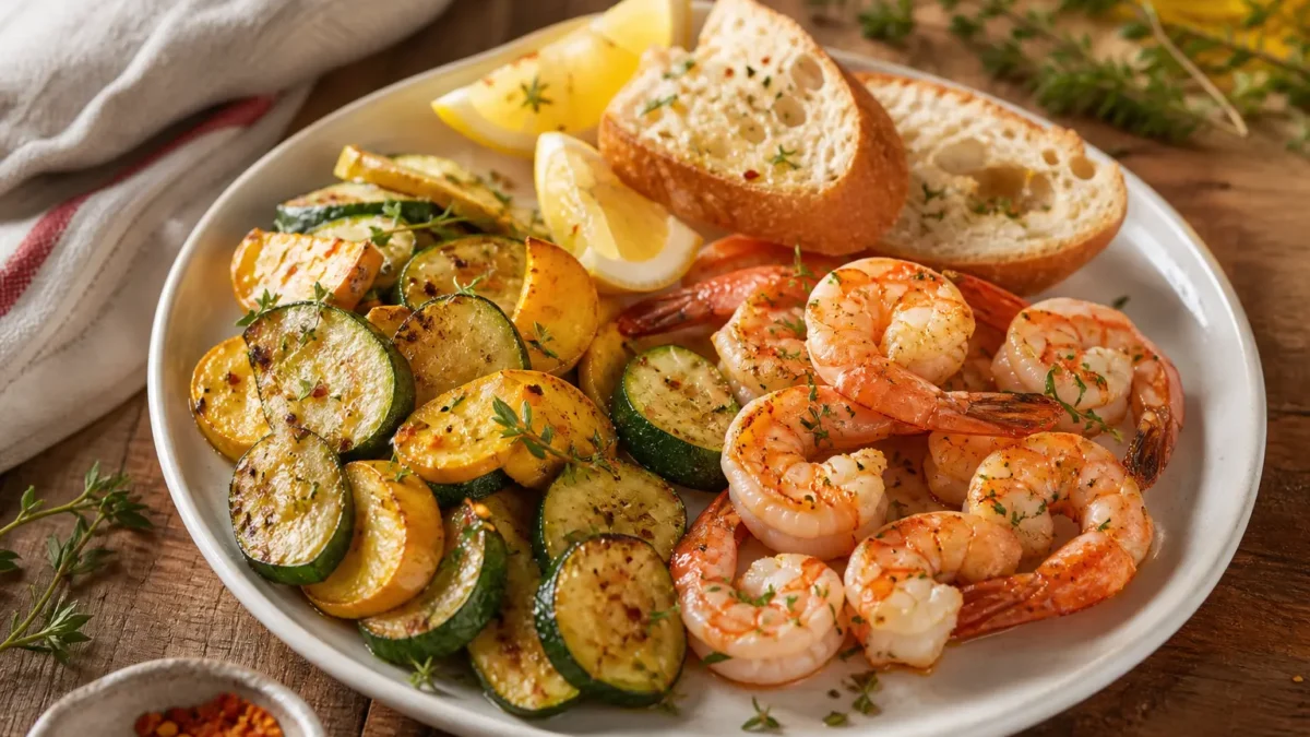 Gamberetti piccanti al forno con zucchine, limone e crostini