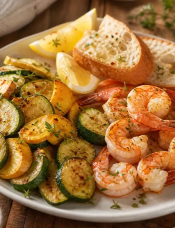 Gamberetti piccanti al forno con zucchine, limone e crostini