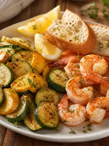 Gamberetti piccanti al forno con zucchine, limone e crostini