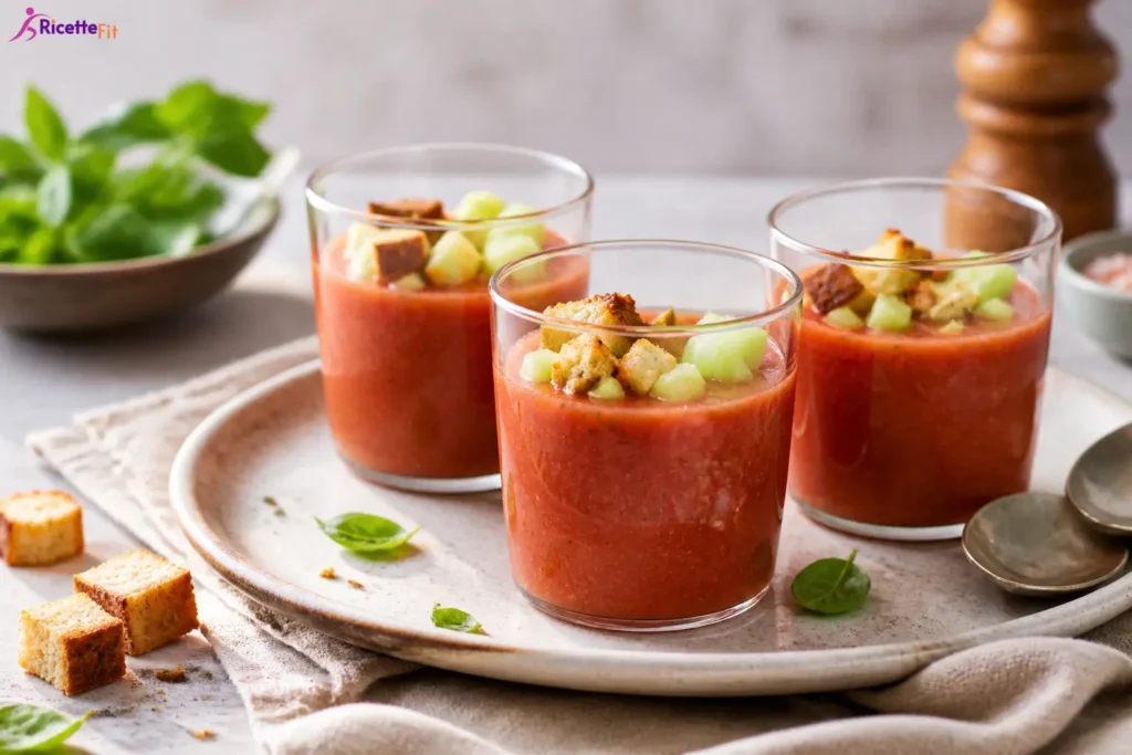 Gazpacho fit con cetriolo e crostini integrali servito in bicchieri