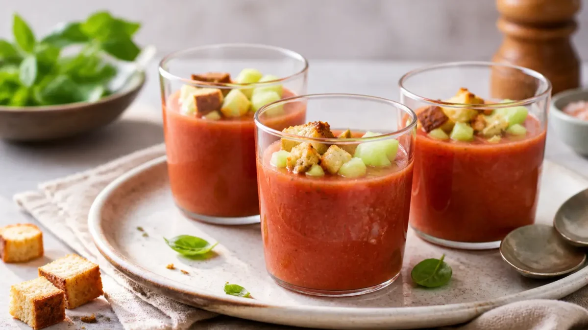 Gazpacho fit con cetriolo e crostini integrali servito in bicchieri