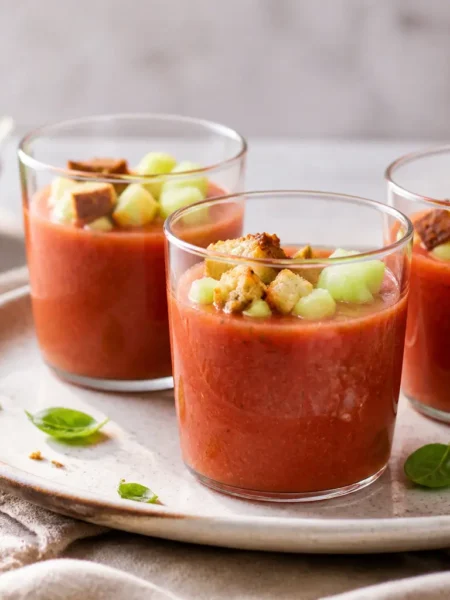 Gazpacho fit con cetriolo e crostini integrali servito in bicchieri