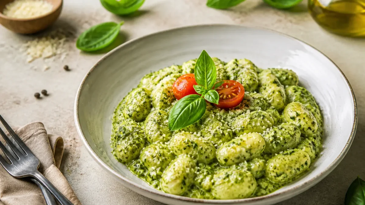 Gnocchi di ricotta con pesto di rucola, basilico e pomodorini