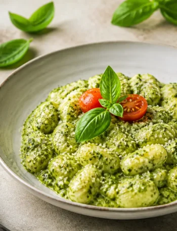 Gnocchi di ricotta con pesto di rucola, basilico e pomodorini